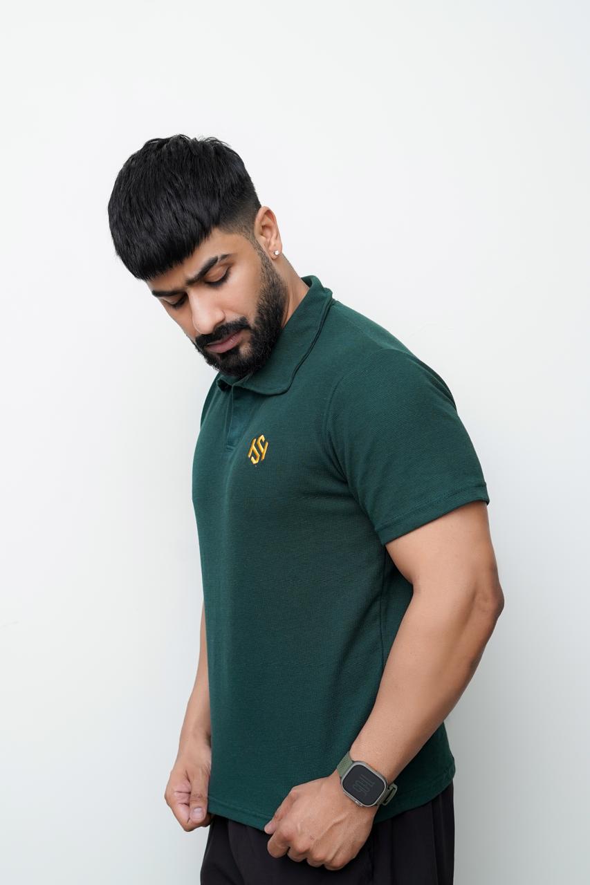 Green Knitted Waffle polo T SHIRT