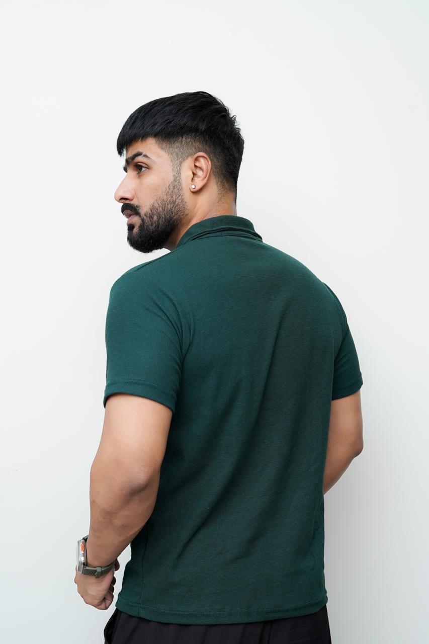 Green Knitted Waffle polo T SHIRT