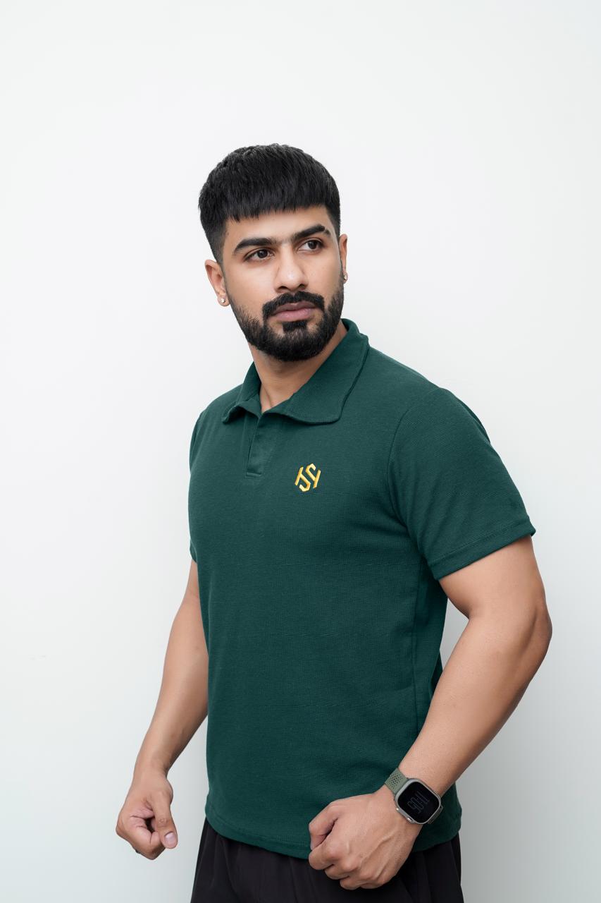Green Knitted Waffle polo T SHIRT