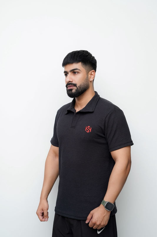 Black Knitted  polo T SHIRT