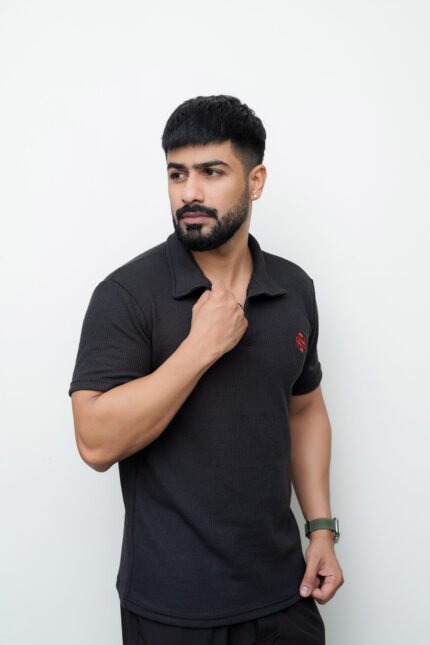 Black Waffle Knit Polo Shirt