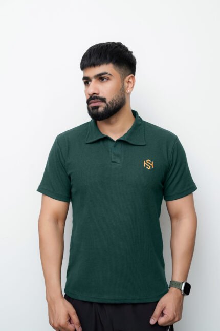 Green Waffle Knit Polo Shirt